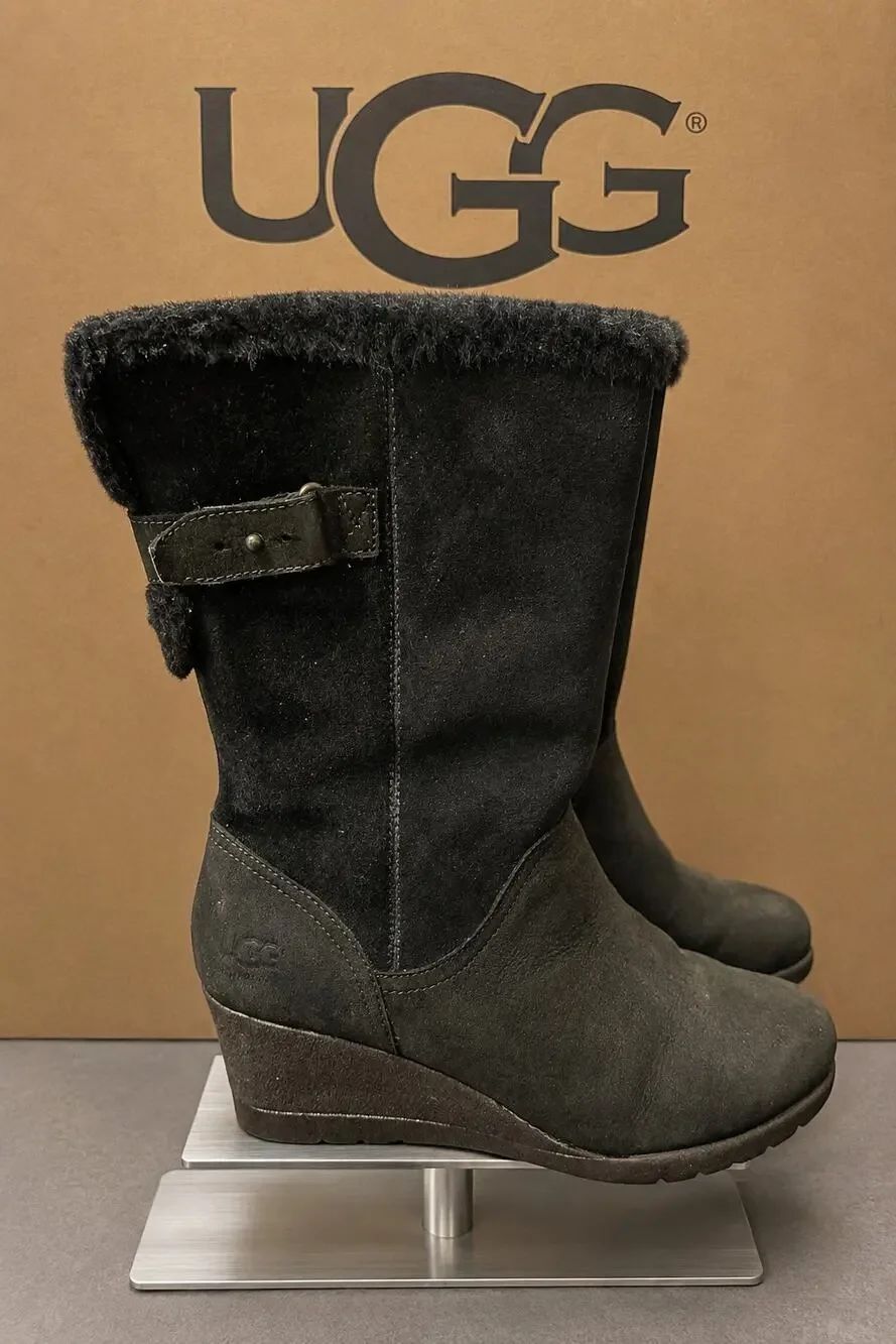 UGG Kiernan Black Suede Wedge Mid Calf Boots Sz 8 US 5 UK w/ Box